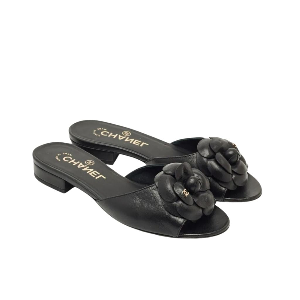 Chanel Black Camellia Slide Flat Sandals