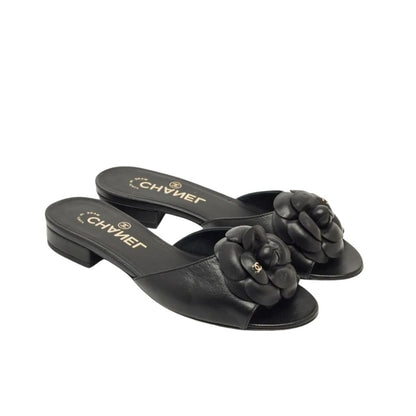 Chanel Black Camellia Slide Flat Sandals