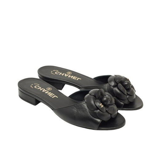 Chanel Black Camellia Slide Flat Sandals