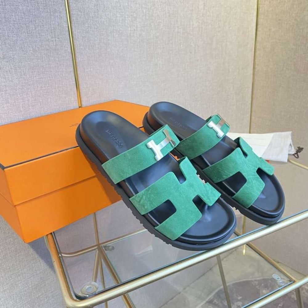 Hermes Chypre Sandal Suede H Logo Silver Hardware Green