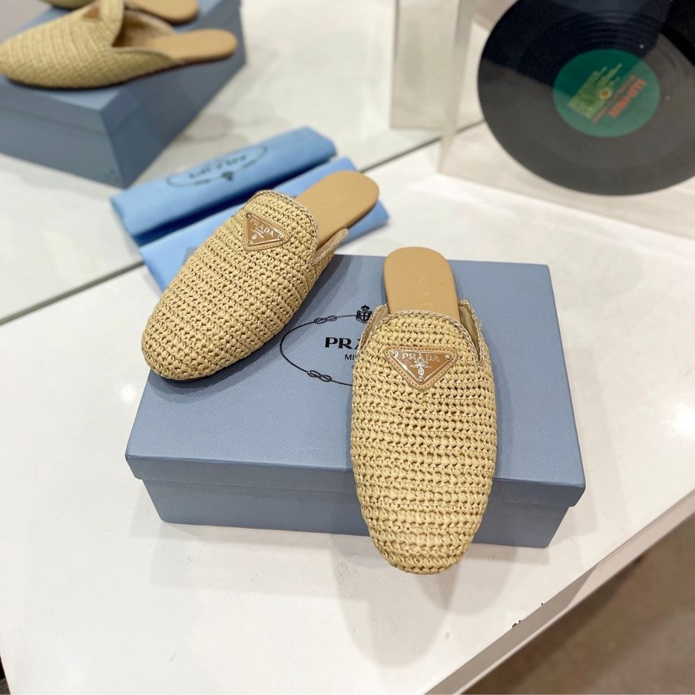 Prada Woven Fabric Mules Natural