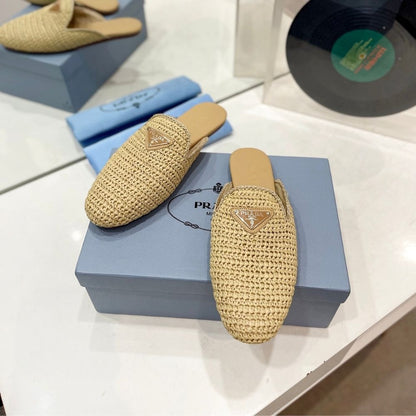 Prada Woven Fabric Mules Natural