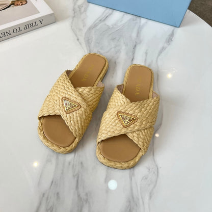 PRADA RAFFIA CRISSCROSS SLIDES NATURAL