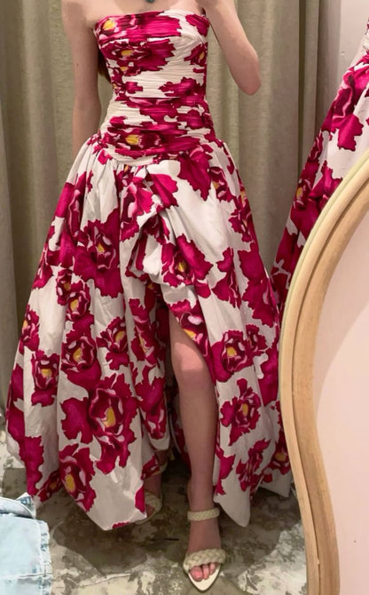 girlhomeshops-Red Floral Long Satin Chiffon Ball Gown Graduation Dress gh5928