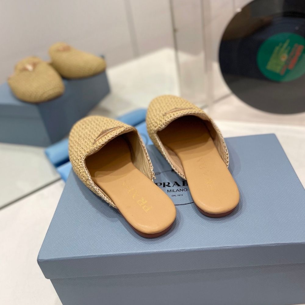 Prada Woven Fabric Mules Natural