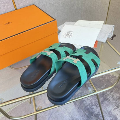 Hermes Chypre Sandal Suede H Logo Silver Hardware Green