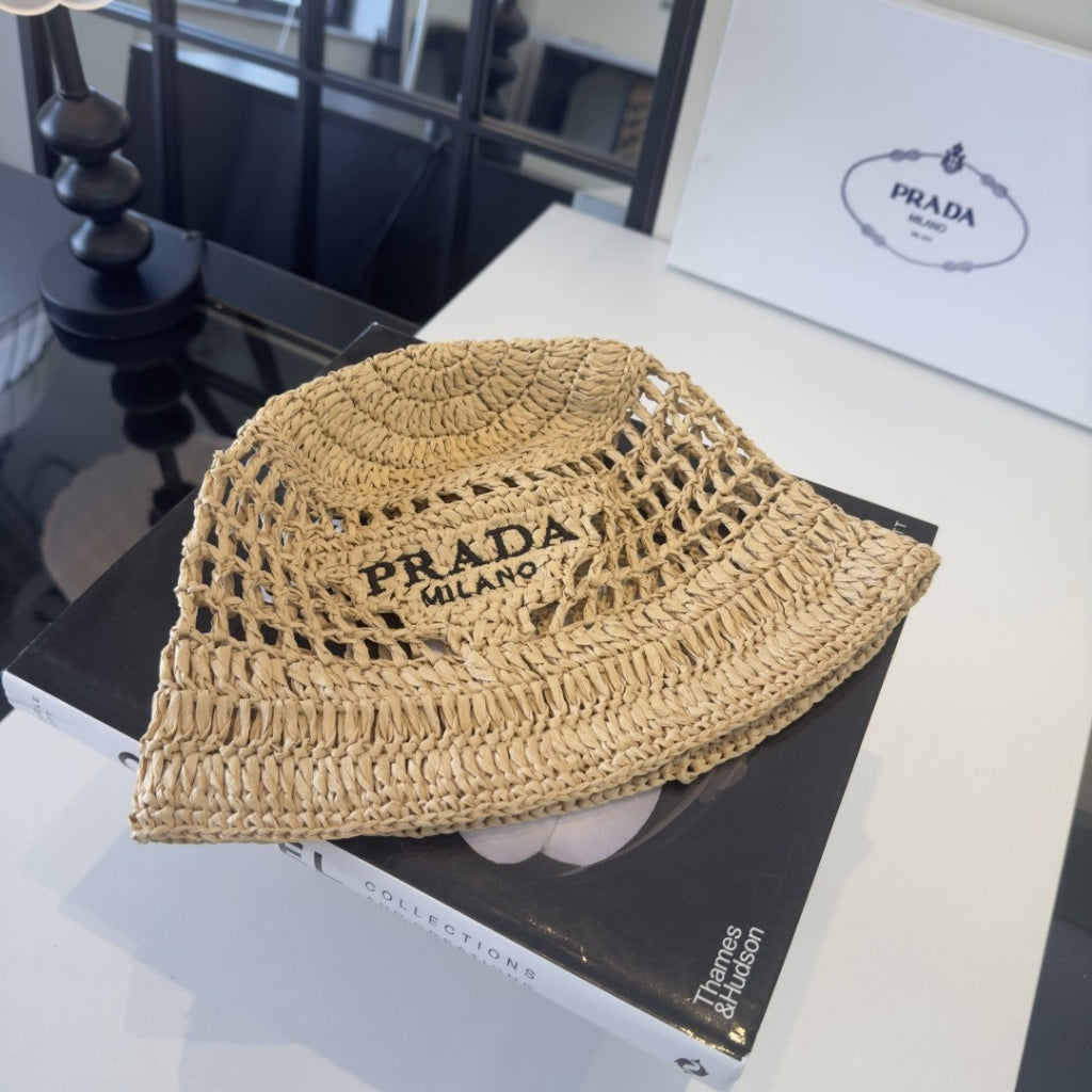 Prada Crochet Bucket Hat Raffia Natural