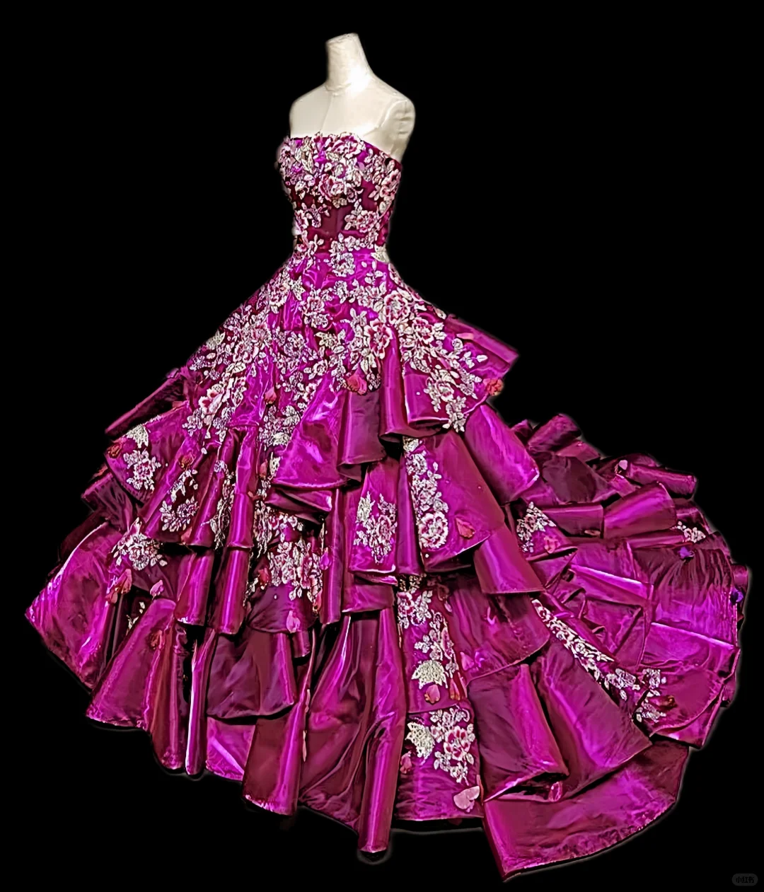 Glamorous Fuchsia Satin Strapless Beaded Embroidered Ruffled Tiered Sweet 15 Quinceanera Ball Gown TP5496