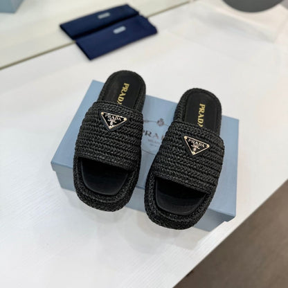 Prada Natural Crochet Flatform Slides Gold Hardware Black