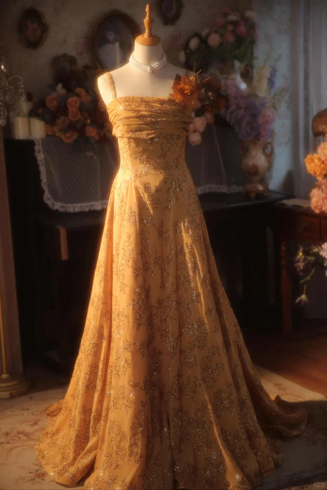 Vintage Mustard Yellow Sequin Floral Embroidery Spaghetti Strap Evening Gown TP5520