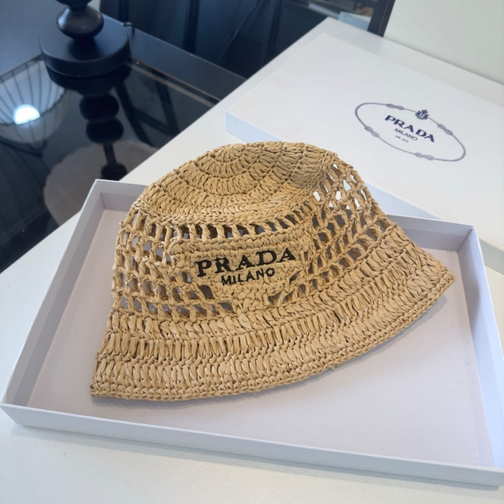 Prada Crochet Bucket Hat Raffia Natural