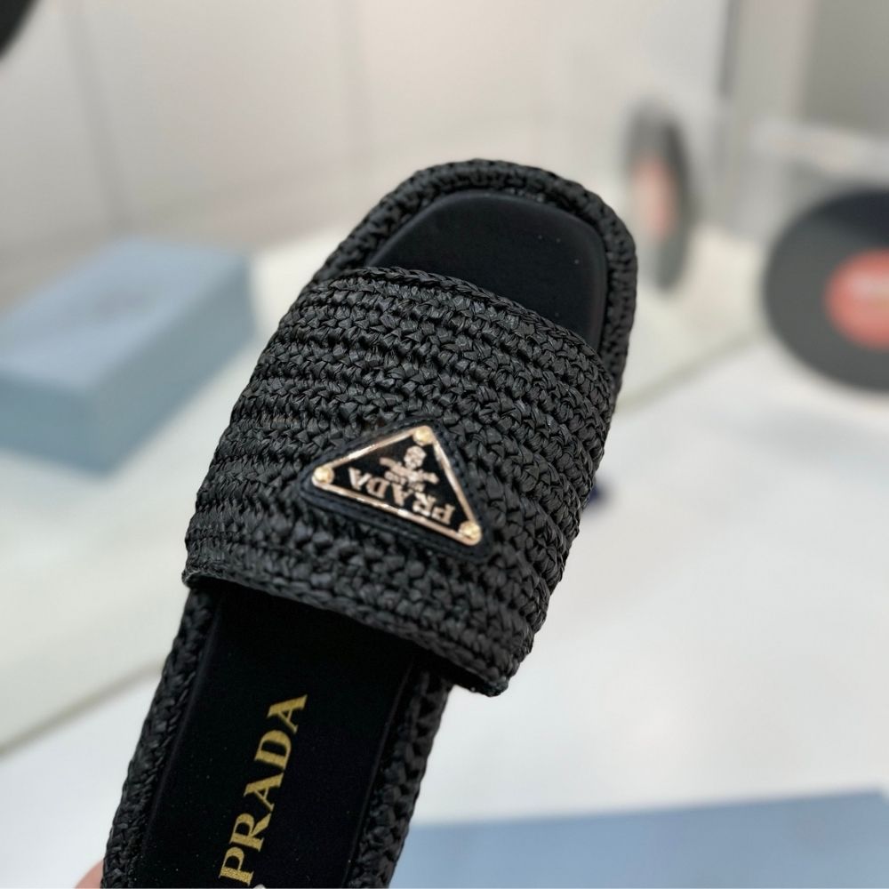 Prada Natural Crochet Flatform Slides Gold Hardware Black