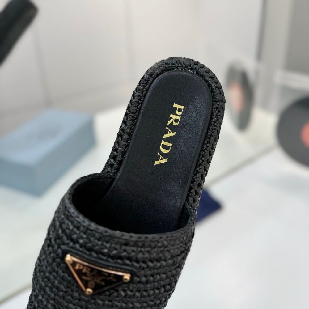 Prada Natural Crochet Flatform Slides Gold Hardware Black