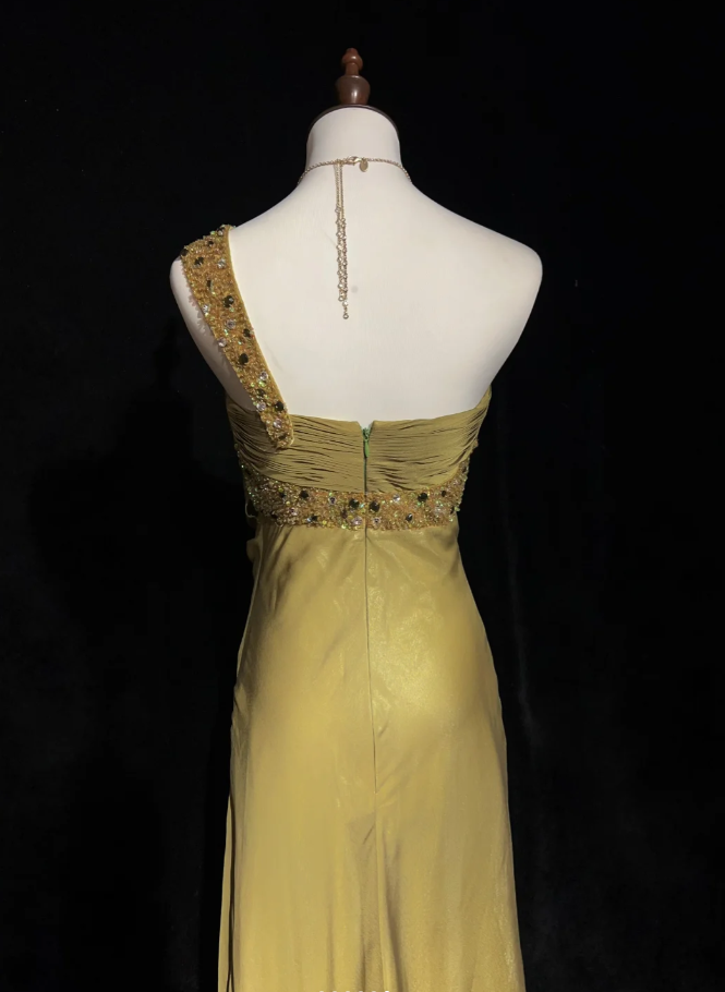 Elegant Turmeric One Shoulder Chiffon Beaded Mermaid Long Evening Dress Formal Wedding Guest Dress SP1964