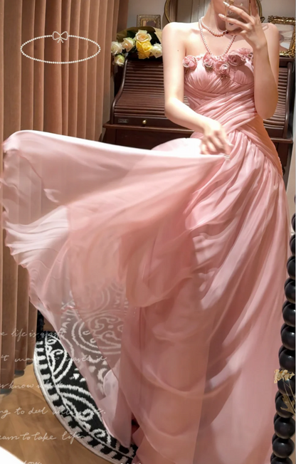 Pretty Flowers Strapless Pink Chiffon Mermaid Evening Dress Prom Gown Long Wedding Guest Dress