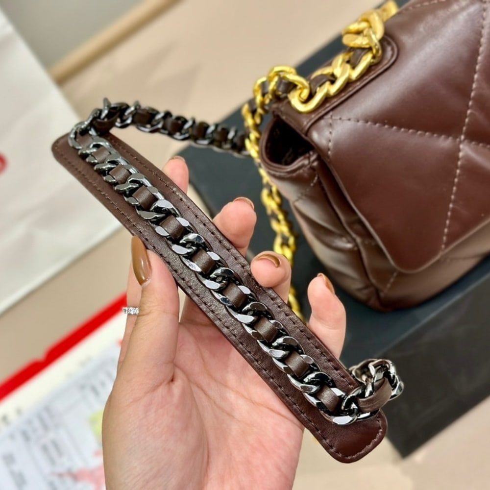 Chanel 19 Flap Bag Shiny Gold And Silver Tone Brown 20Cm