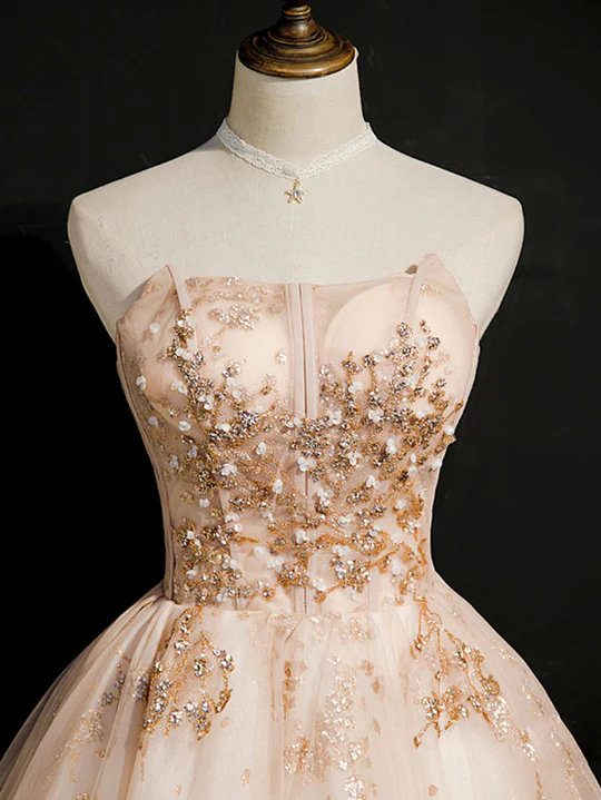 Vintage Champagne Applique Beaded Strapless Design A-line Tulle Party Dress Homecoming Dress TP4072