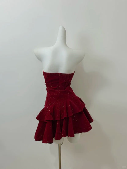 Red Shiny Sweet Fashion Short Mini Sequin Velvet Homecoming Dress Birthday Party Dress gh3796