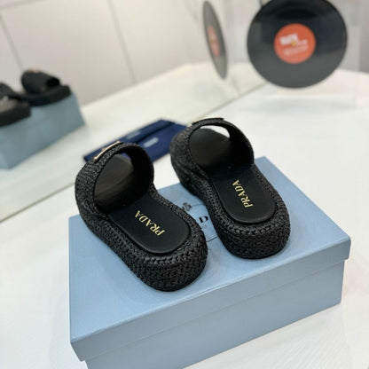 Prada Natural Crochet Flatform Slides Gold Hardware Black