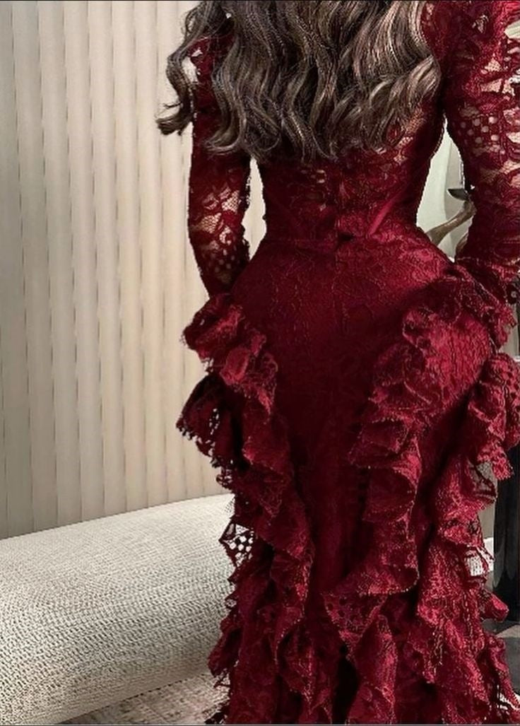 Glam Burgundy Lace Mermaid Maxi Dress | V-Neck Layered Ruffle Dress, Gala Friends Gathering Fashion Outfit gh6452