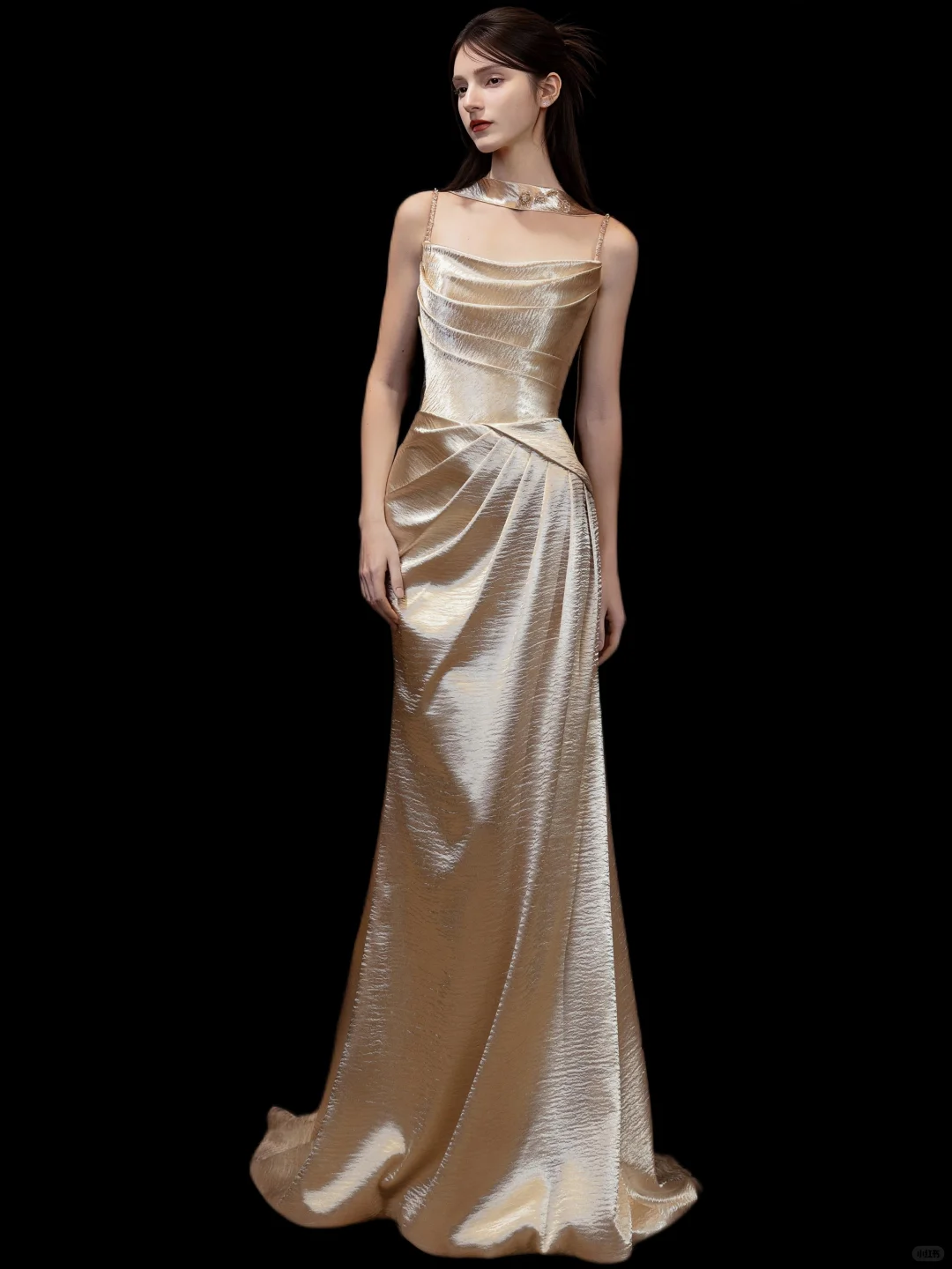 Gold Spaghetti Straps Waist-Cinched Fitted Satin Elegant Long Evening Dress, Fairy Gown, Romantic Gown gh7375