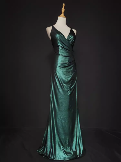 Vintage Emerald Green Satin Spaghetti Strap Sheath Ruched Evening Gown TP5564