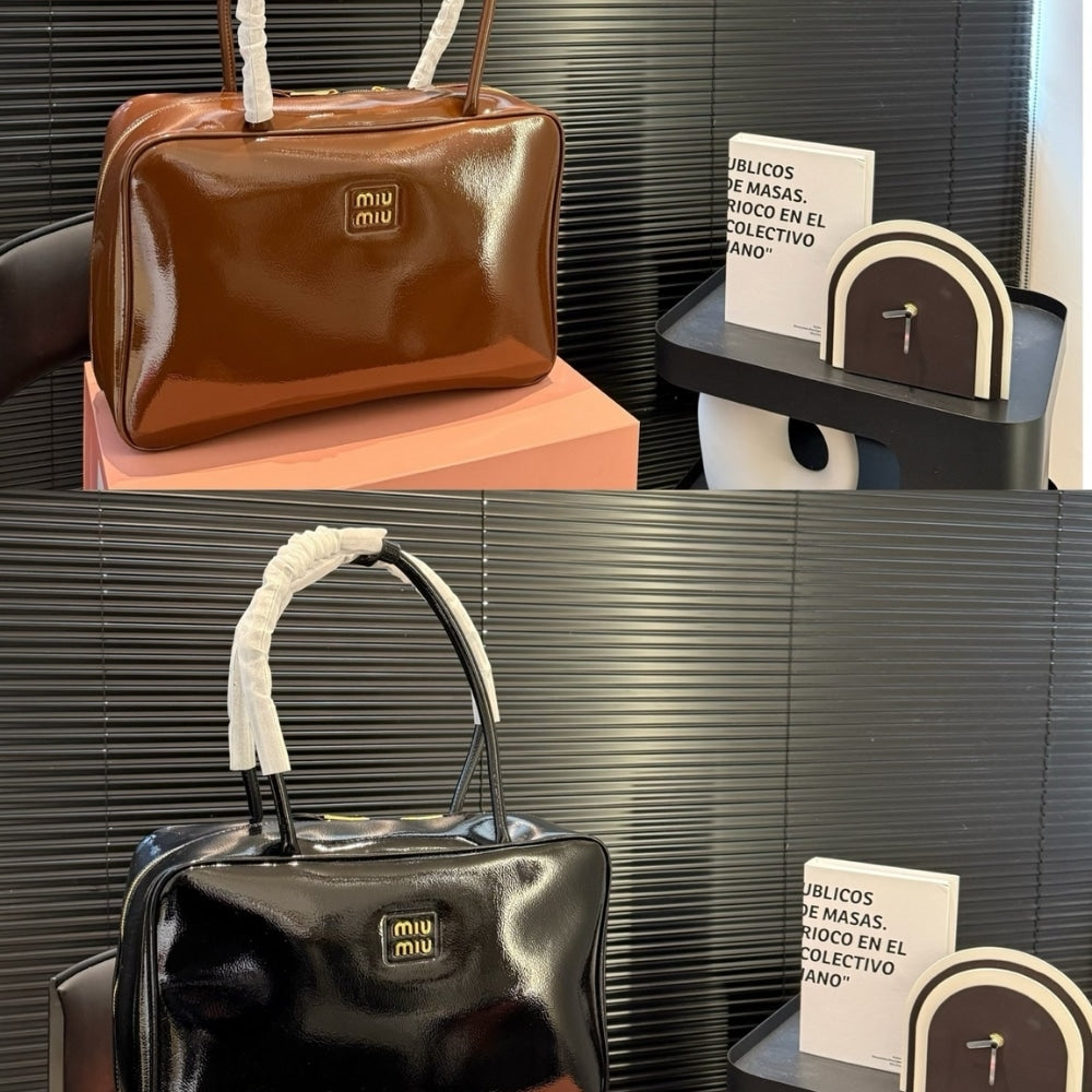 MIUMIU BEAU NAPLAK PATENT LEATHER BAG BLACK 35CM 5BB117 ADNT F0002 V MLN