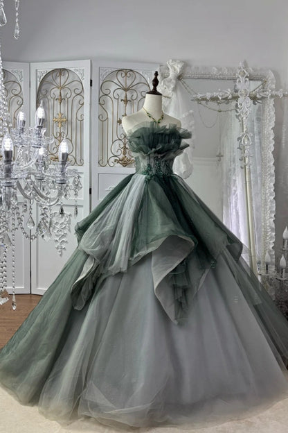 Forest Green Gradient Ball Gown Beaded Strapless & Oversized Tulle  gh7064