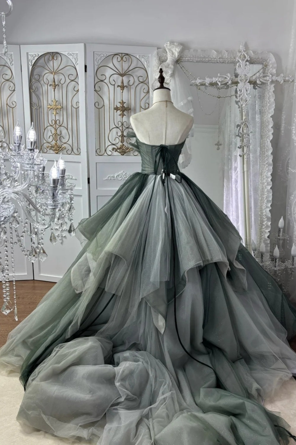 Forest Green Gradient Ball Gown Beaded Strapless & Oversized Tulle  gh7064