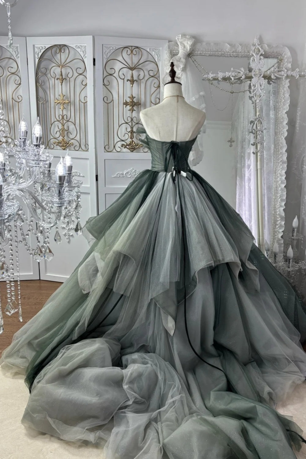 Forest Green Gradient Ball Gown Beaded Strapless & Oversized Tulle  gh7064