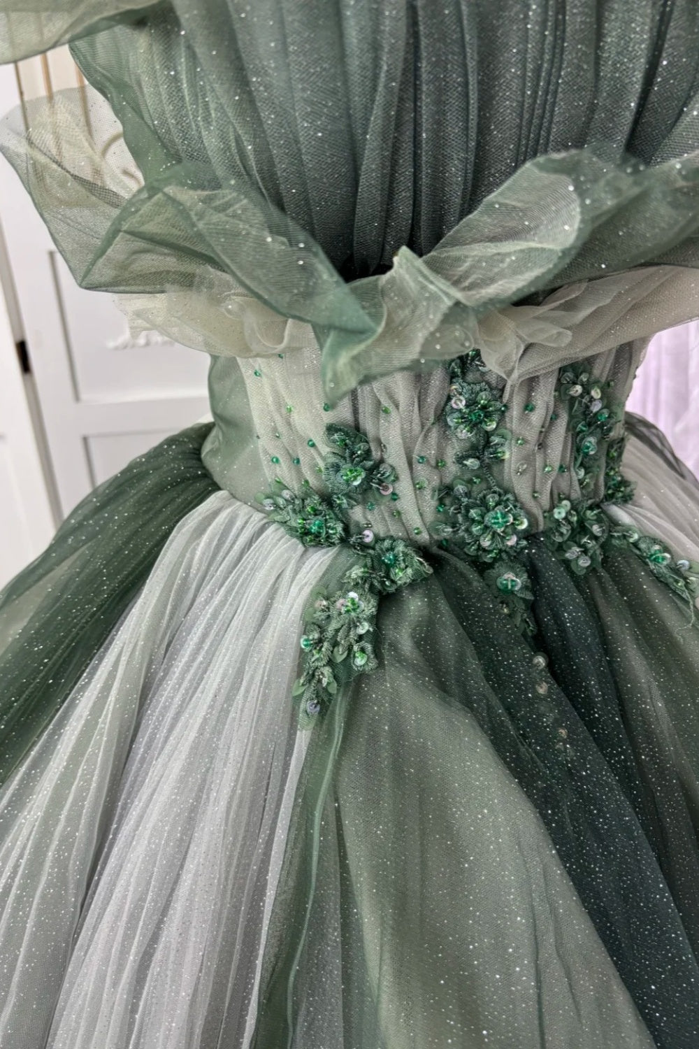 Forest Green Gradient Ball Gown Beaded Strapless & Oversized Tulle  gh7064