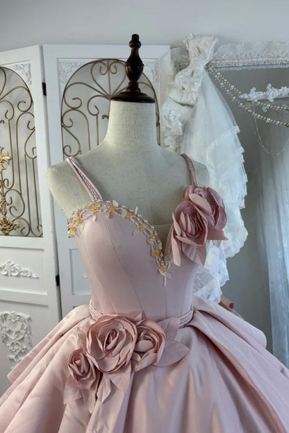 Pink Strapless Gown Beaded Neckline & 3D Rose Appliqués Showstopper  gh7062
