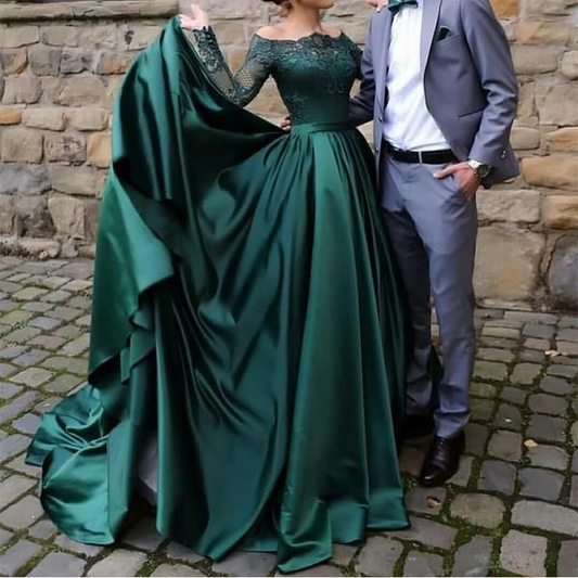 modest dark green party dress, off the shoulder prom dresses ,prom dress with long sleeves, evening gowns with lace C1642