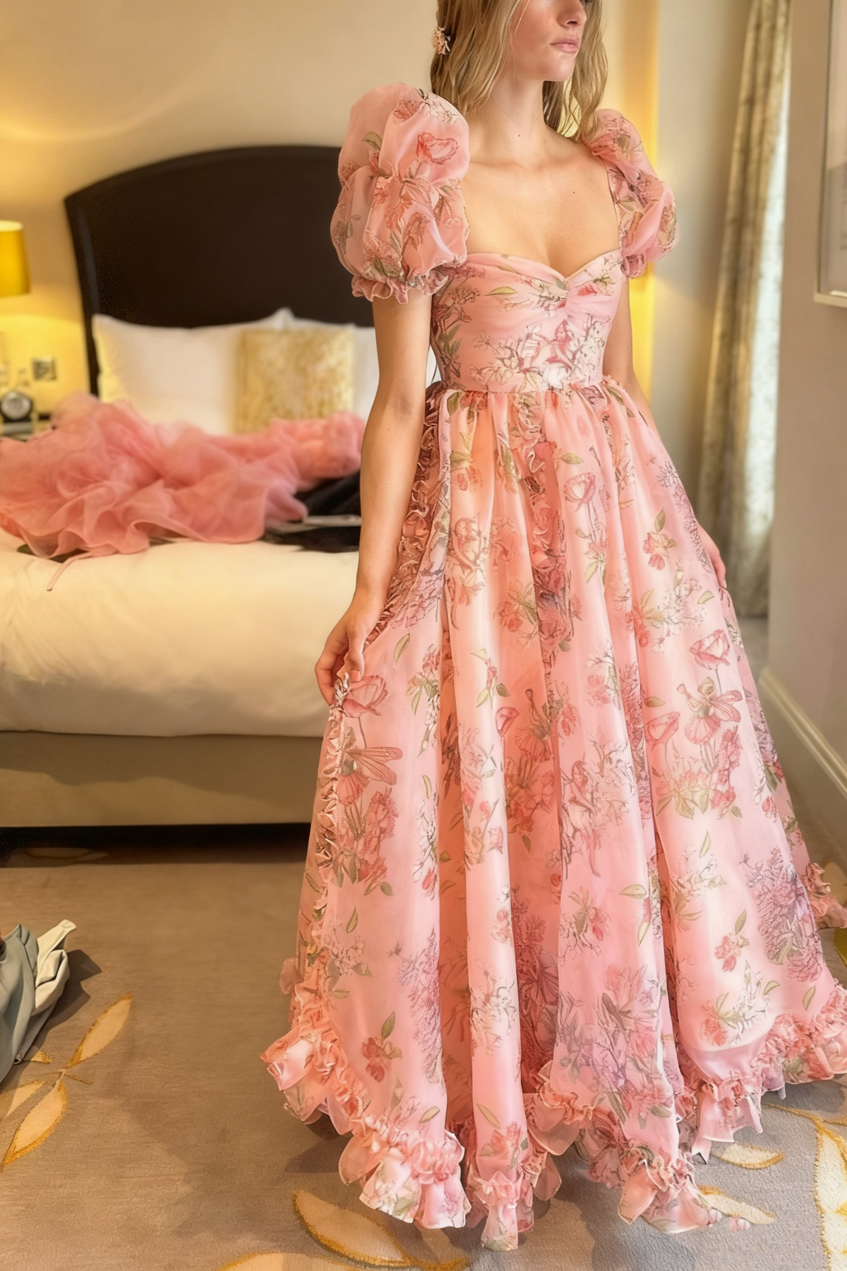 girlhomeshops-Pink Floral Short Sleeve Long Chiffon Prom Dress Date Dress gh5940