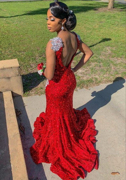 Long Sparkle Sequins Red Prom Dresses Formal Evening Gowns