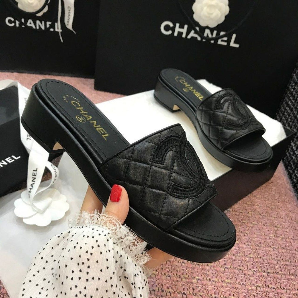 Chanel Quilted CC Logo Mules Black