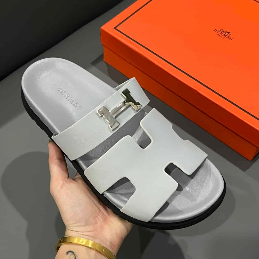 Hermes Chypre Sandal H Logo Silver Hardware Light Grey