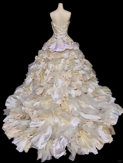 Glamorous Champagne Strapless Ruffled Beaded Floral Sweet 15 Quinceanera Ball Gown TP5493