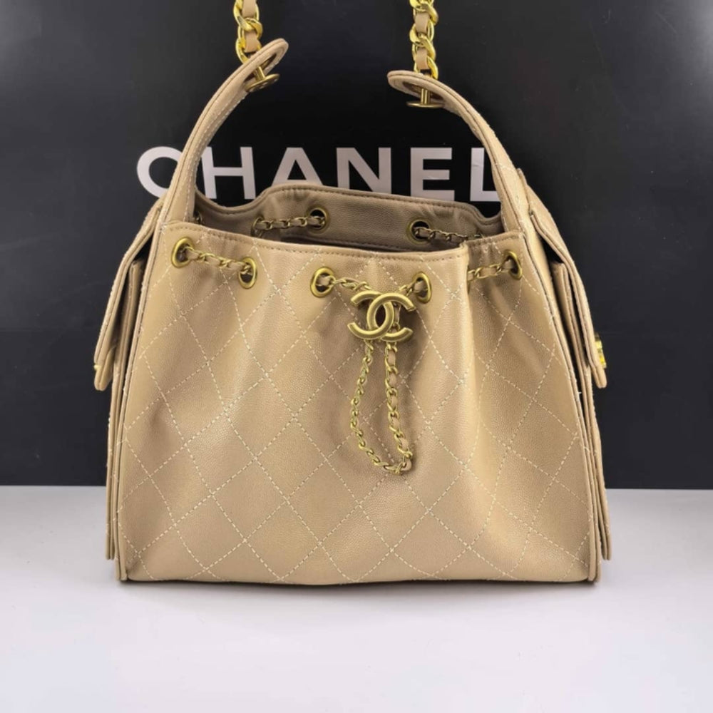 Chanel 25 Small Handbag Grained And Gold Tone Metal Beige 25Cm