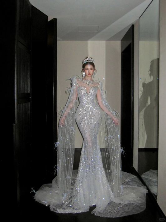 Elegant Glittering Silvery Beaded Sequined Design Mermaid Wedding Dress TP4236