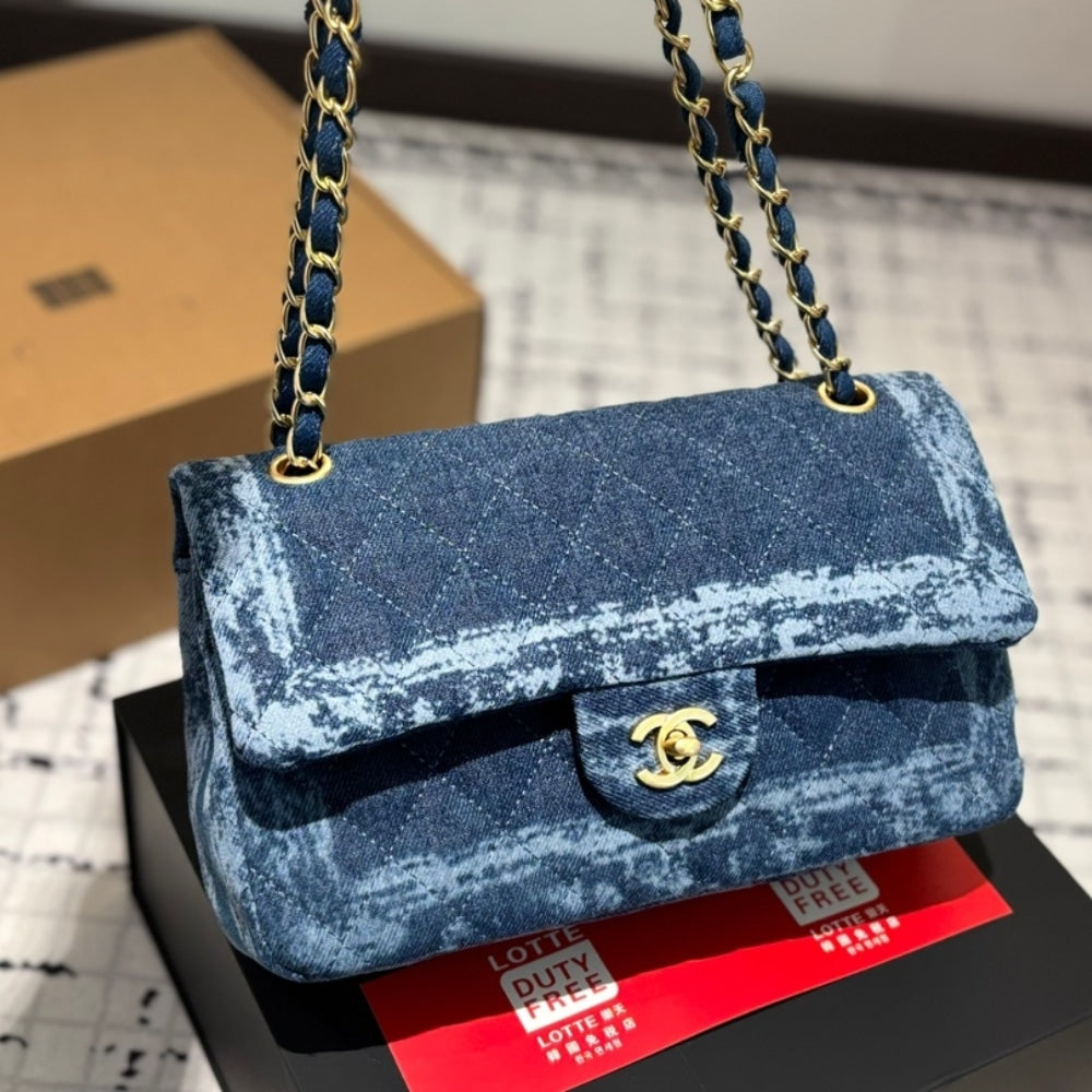 Chanel Classic Double Flap Bag Quilted Printed Denim Medium Blue 25Cm