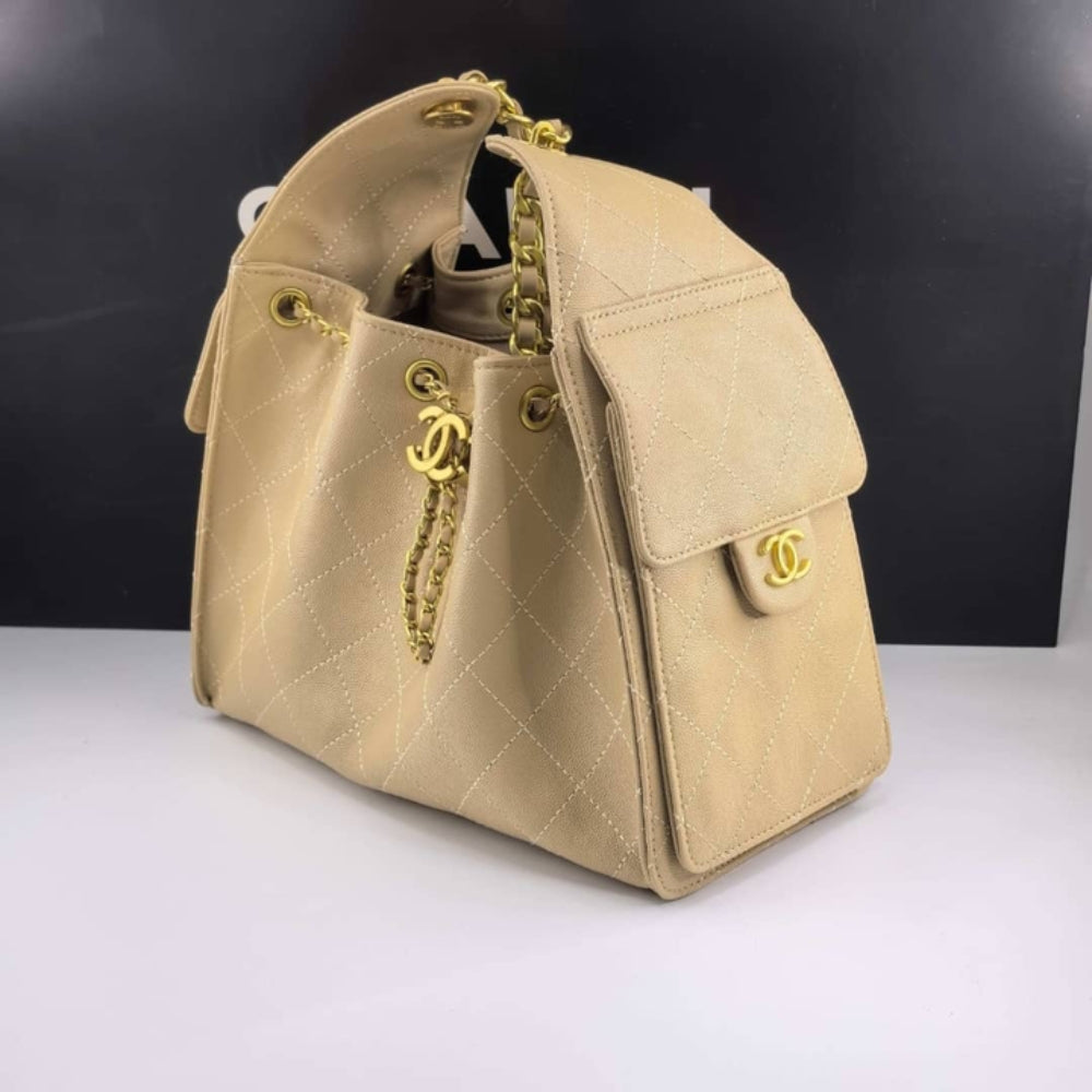Chanel 25 Small Handbag Grained And Gold Tone Metal Beige 25Cm