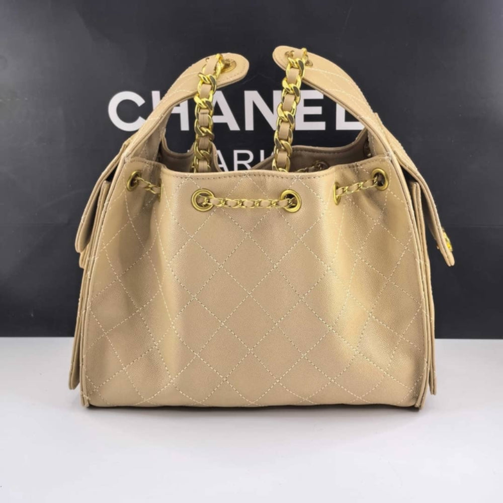 Chanel 25 Small Handbag Grained And Gold Tone Metal Beige 25Cm