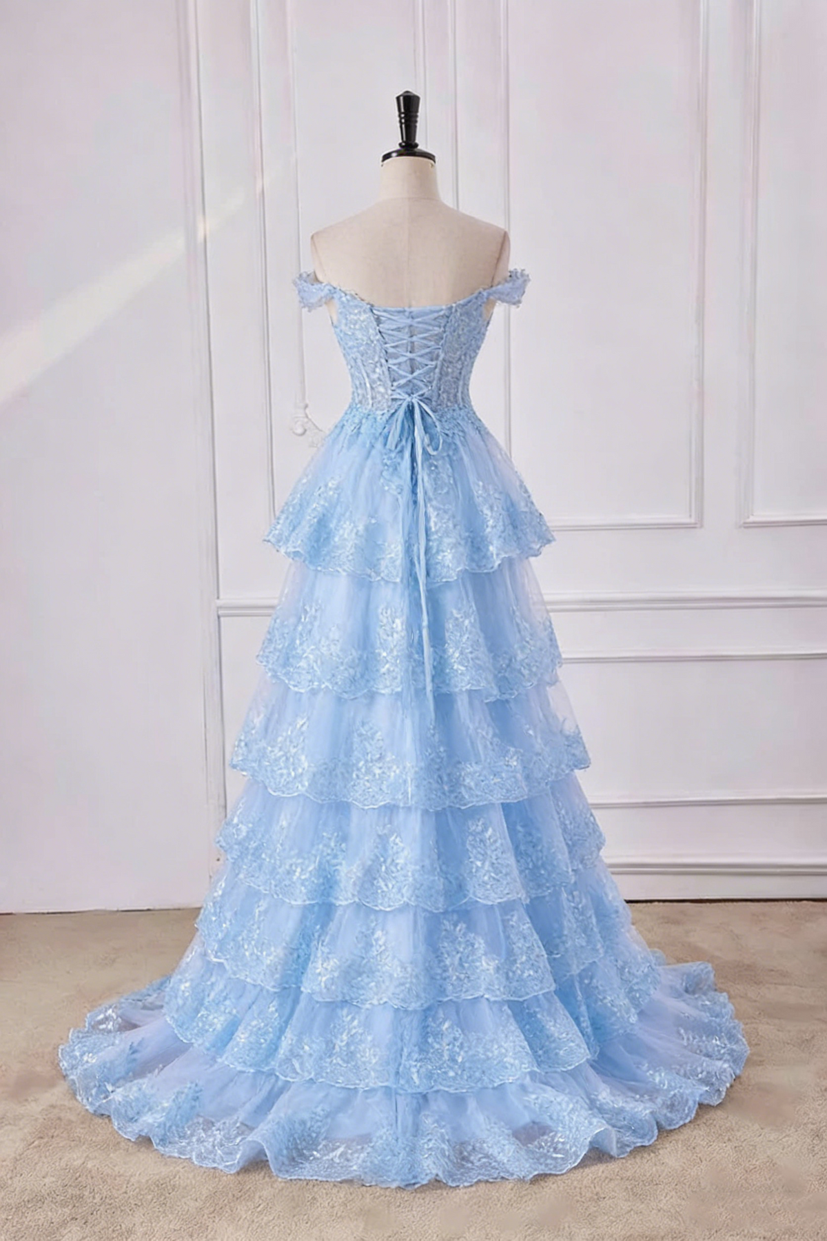 Glamorous Light Blue Off-the-Shoulder Layered Lace Evening Dress TP5712
