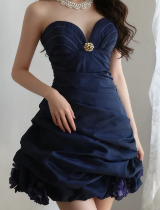 Vintage Navy Strapless Sweetheart Homecoming Dress with Ruched Bodice & Floral Hem Cocktail Dress TP5631