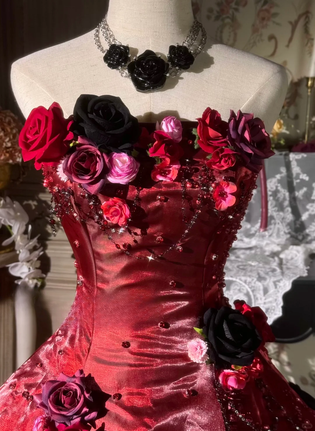 Elegant Burgundy Strapless 3D Floral & Ruffled Satin Layers Ball Gown TP5132