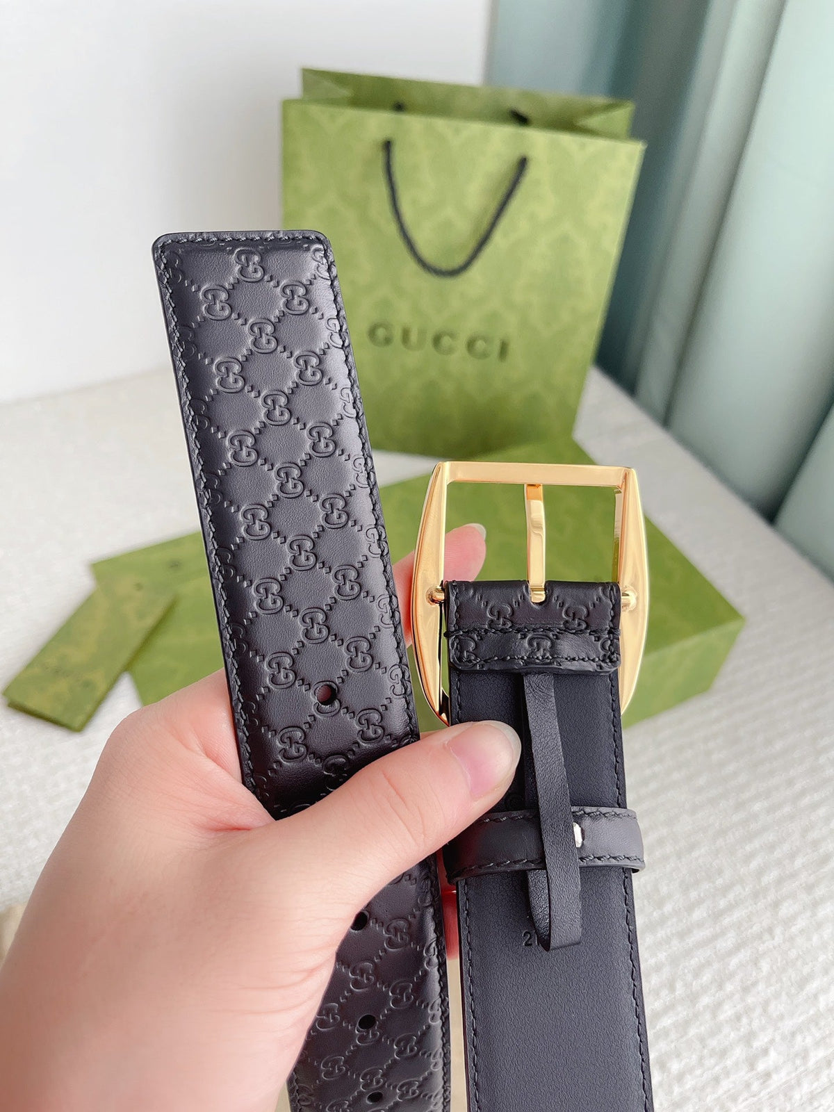 GUCCI CALFSKIN MONOGRAM BLACK BELT GOLD METAL 4CM
