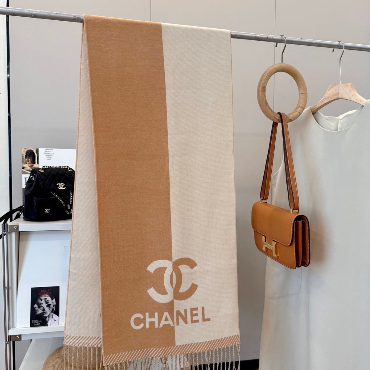 Chanel 24A Half Color Wool Scarf Beige 180Cm