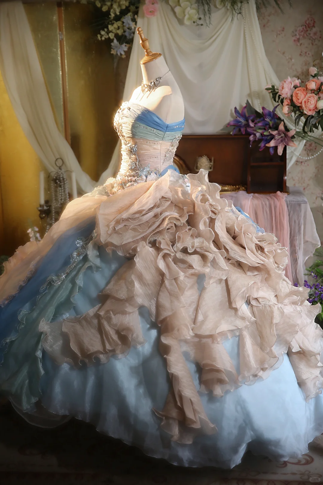 Gorgeous Pastel Ombre Strapless Ruffled Tulle Beaded Sweet 15 Quinceanera Ball Gown TP5518
