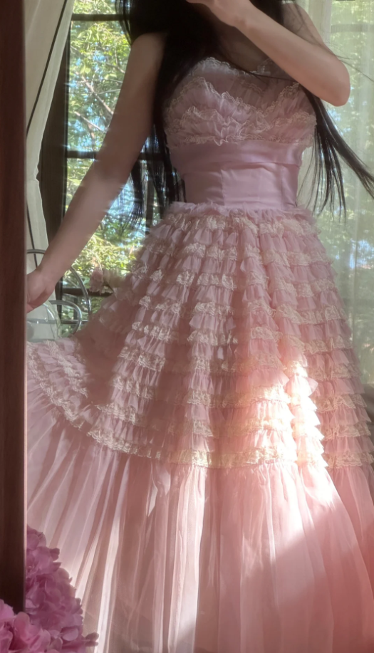 Sweet Strapless Pink Tulle Pleated A Line Long Party Dress Princess Birthday Prom Gowns